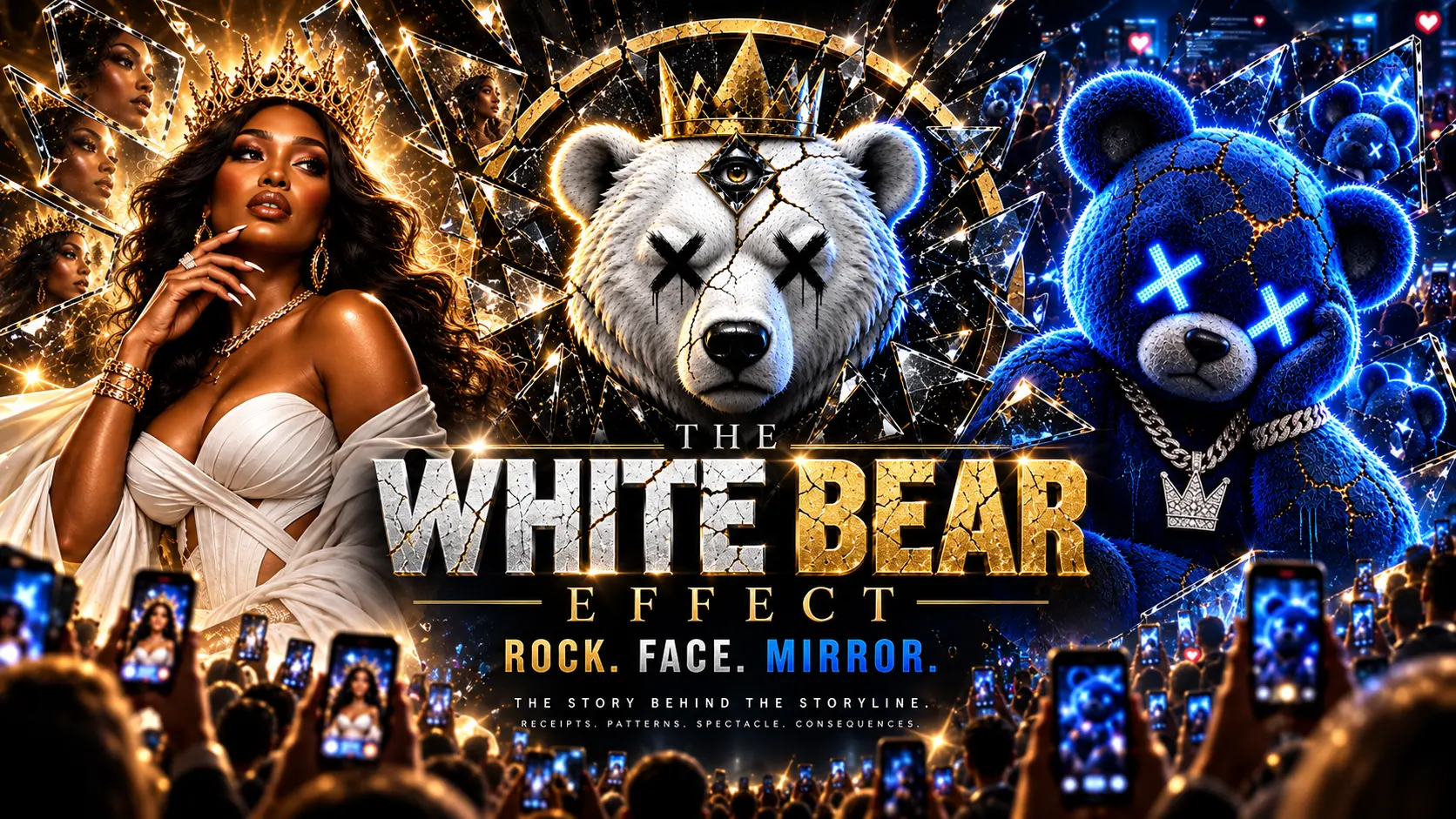 ROCK. FACE. MIRROR. — a featured White Bear experiment with the woman, mirror eye, and blue bear
